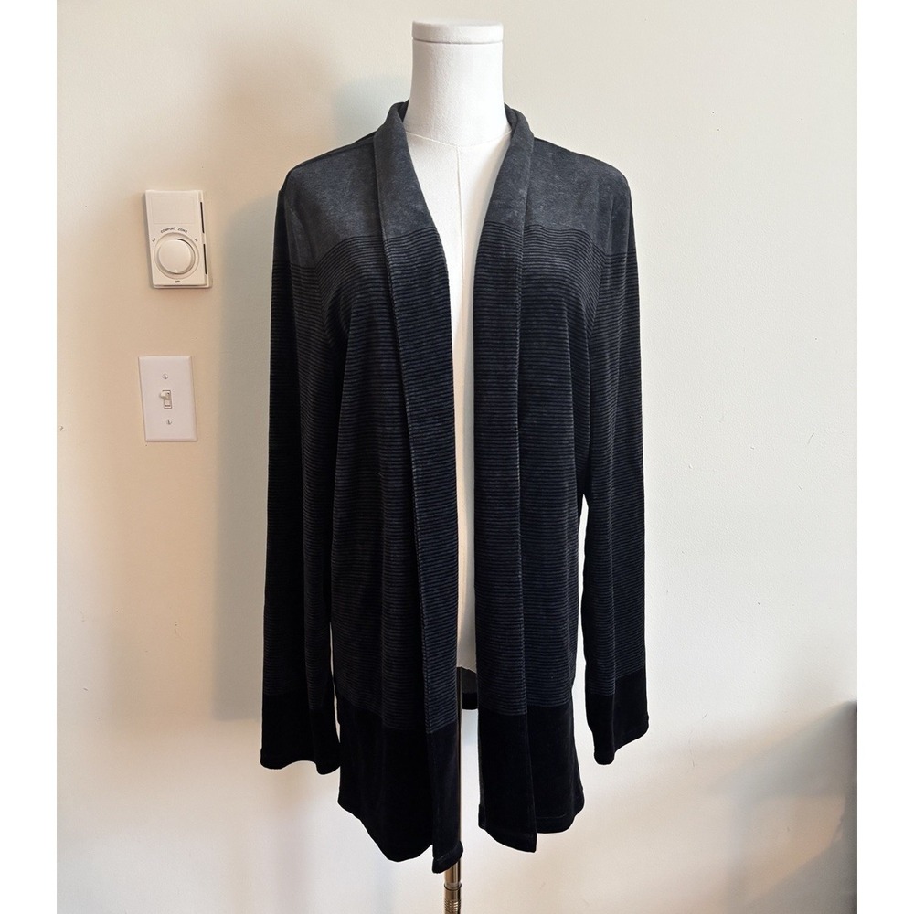 Talbots Womens XL Cardigan Velvet Velour Striped Black Gray Minimalist Chic